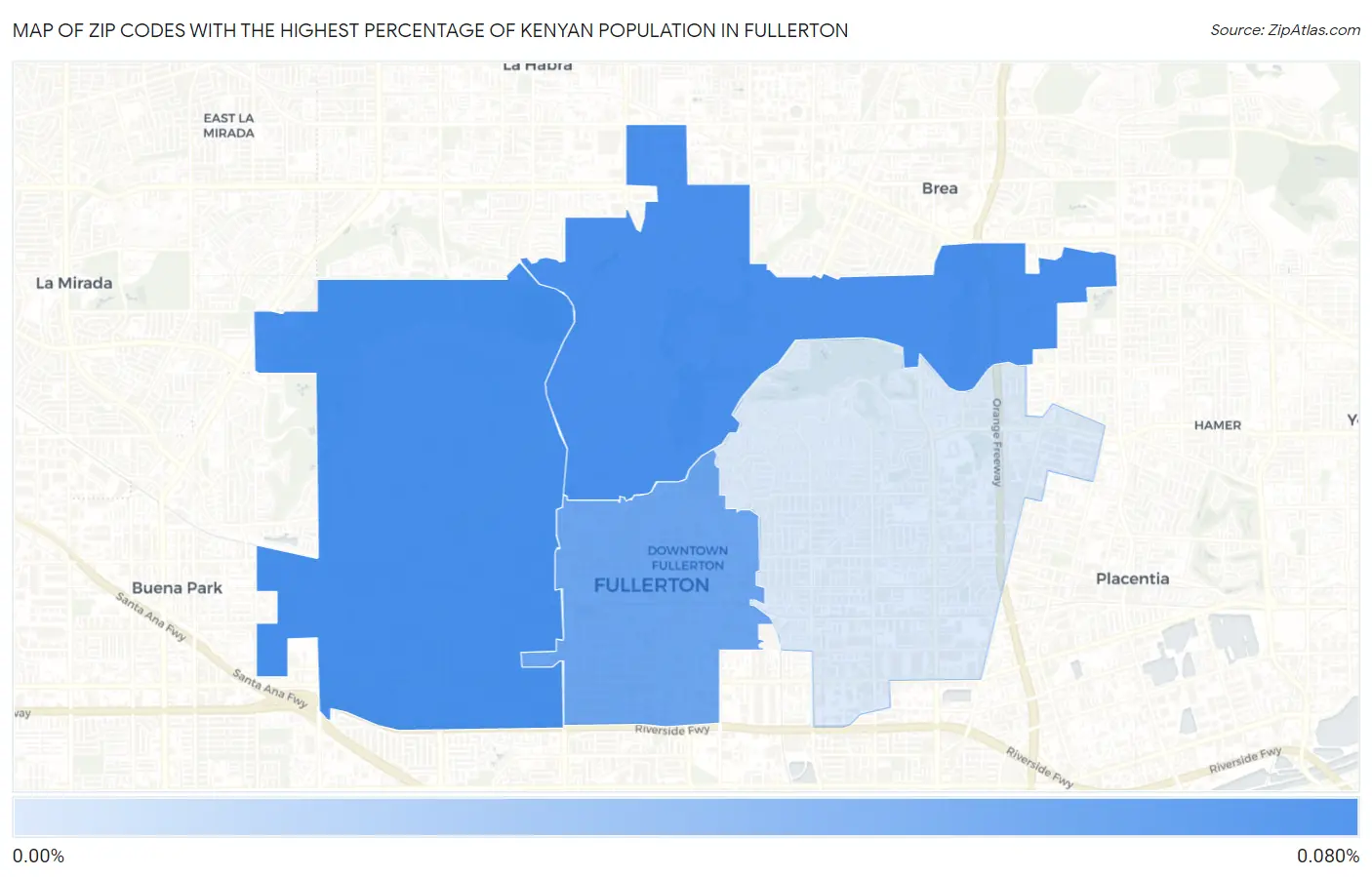Zip Codes with the Highest Percentage of Kenyan Population in Fullerton Map