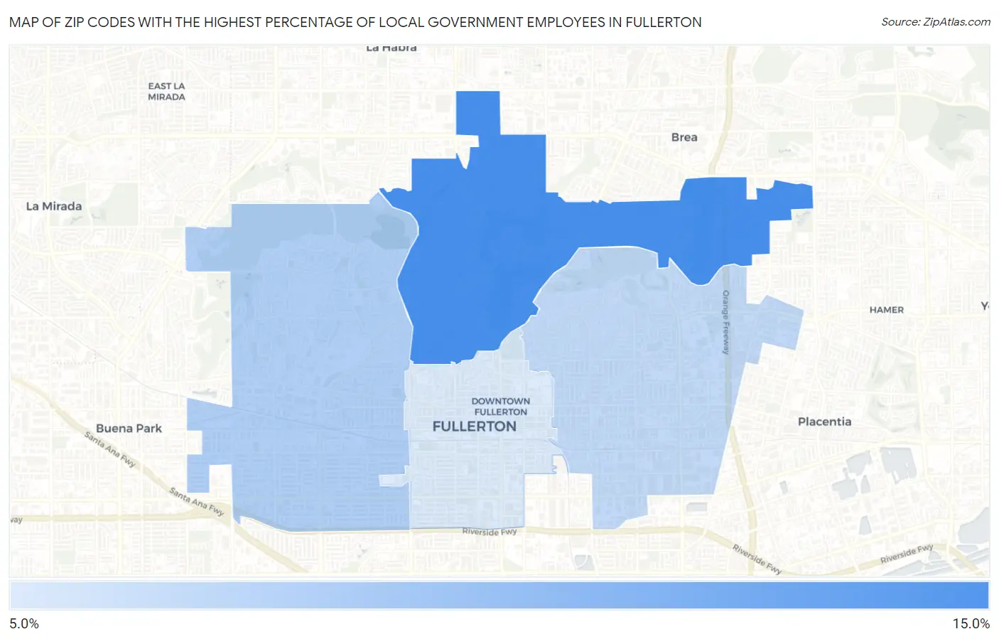 Zip Codes with the Highest Percentage of Local Government Employees in Fullerton Map