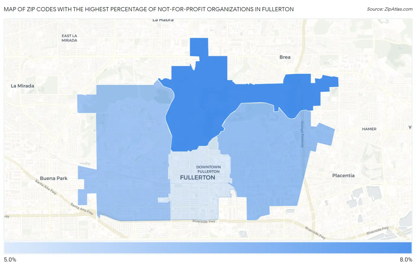 Zip Codes with the Highest Percentage of Not-for-profit Organizations in Fullerton Map