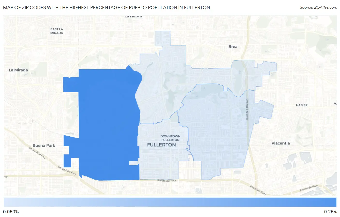 Zip Codes with the Highest Percentage of Pueblo Population in Fullerton Map