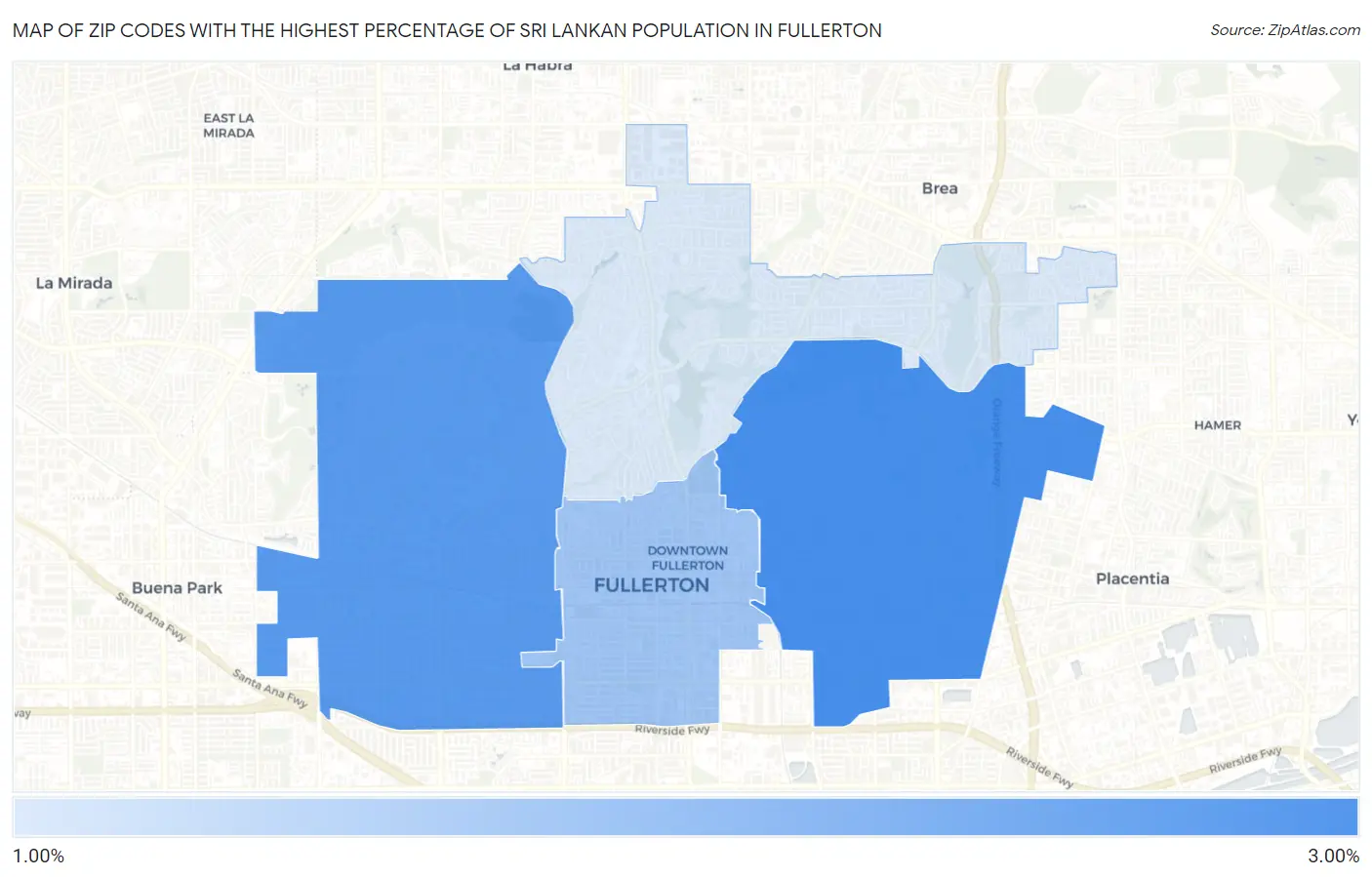Zip Codes with the Highest Percentage of Sri Lankan Population in Fullerton Map