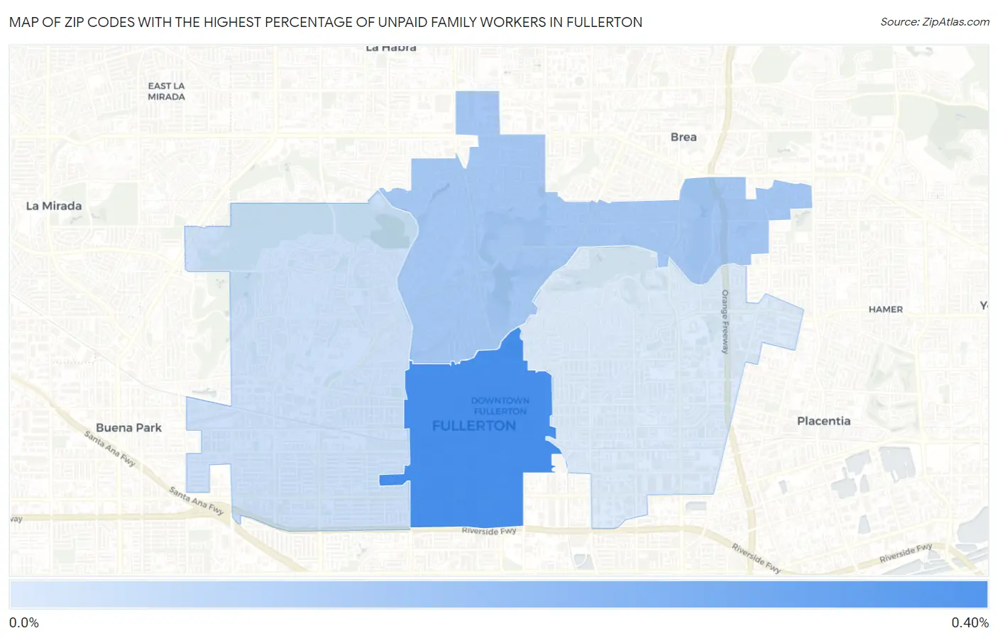 Zip Codes with the Highest Percentage of Unpaid Family Workers in Fullerton Map