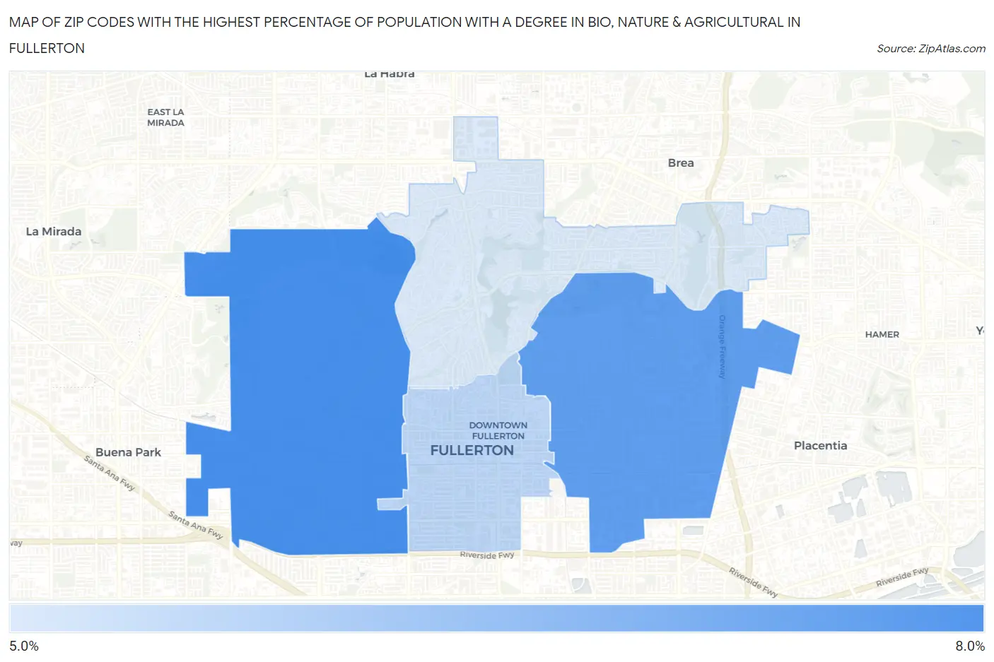 Zip Codes with the Highest Percentage of Population with a Degree in Bio, Nature & Agricultural in Fullerton Map
