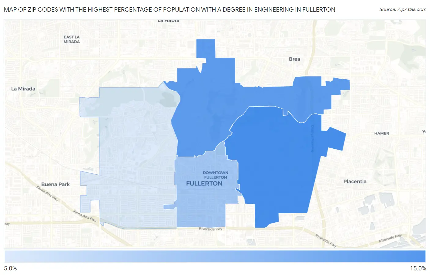 Zip Codes with the Highest Percentage of Population with a Degree in Engineering in Fullerton Map