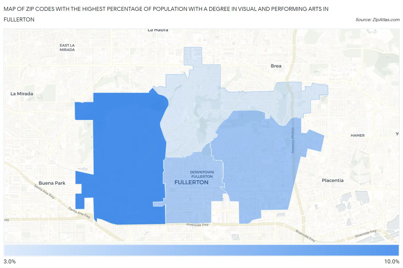 Zip Codes with the Highest Percentage of Population with a Degree in Visual and Performing Arts in Fullerton Map