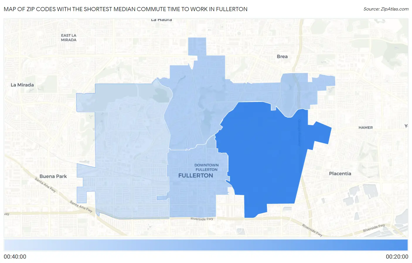 Zip Codes with the Shortest Median Commute Time to Work in Fullerton Map