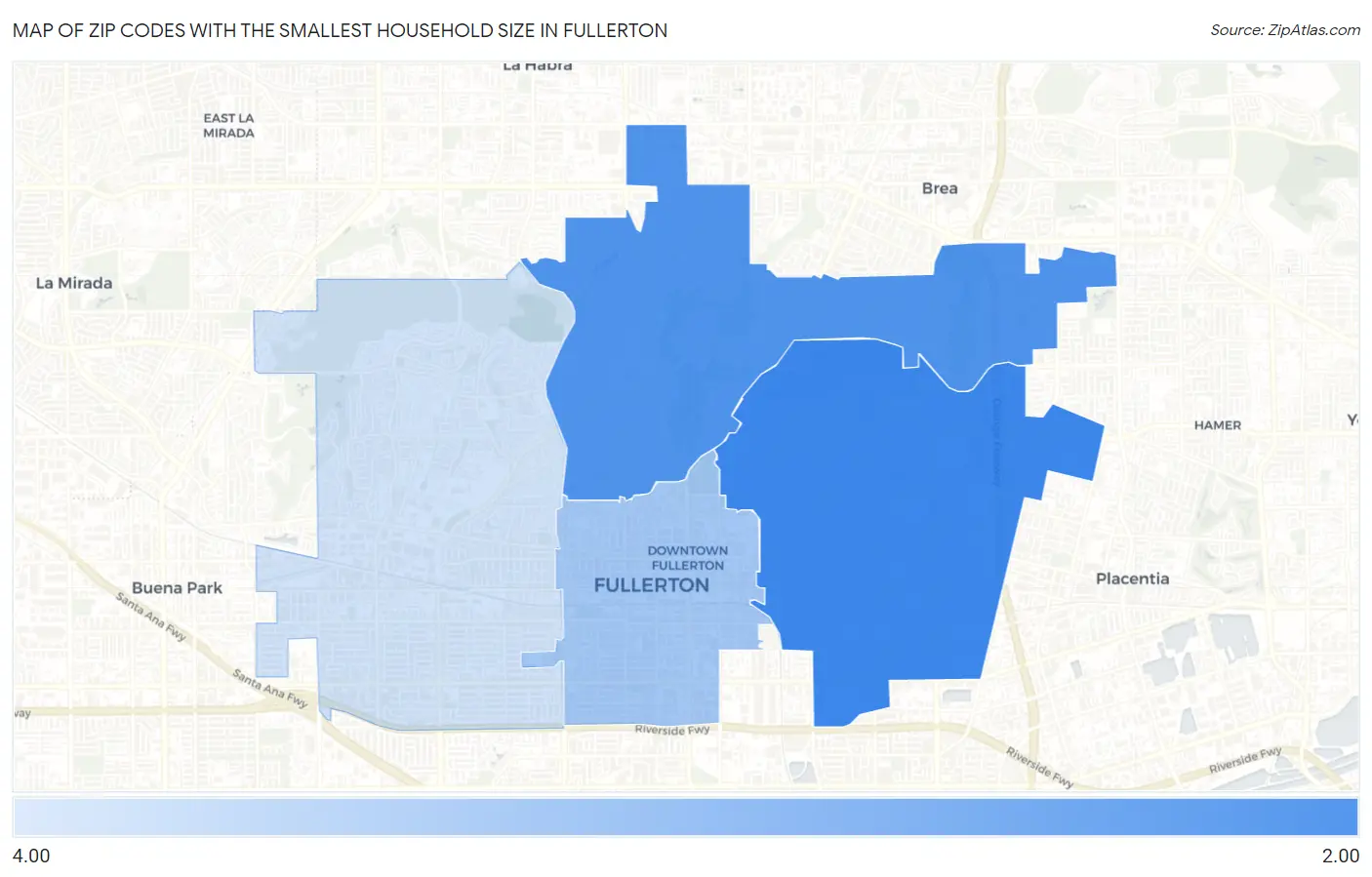 Zip Codes with the Smallest Household Size in Fullerton Map