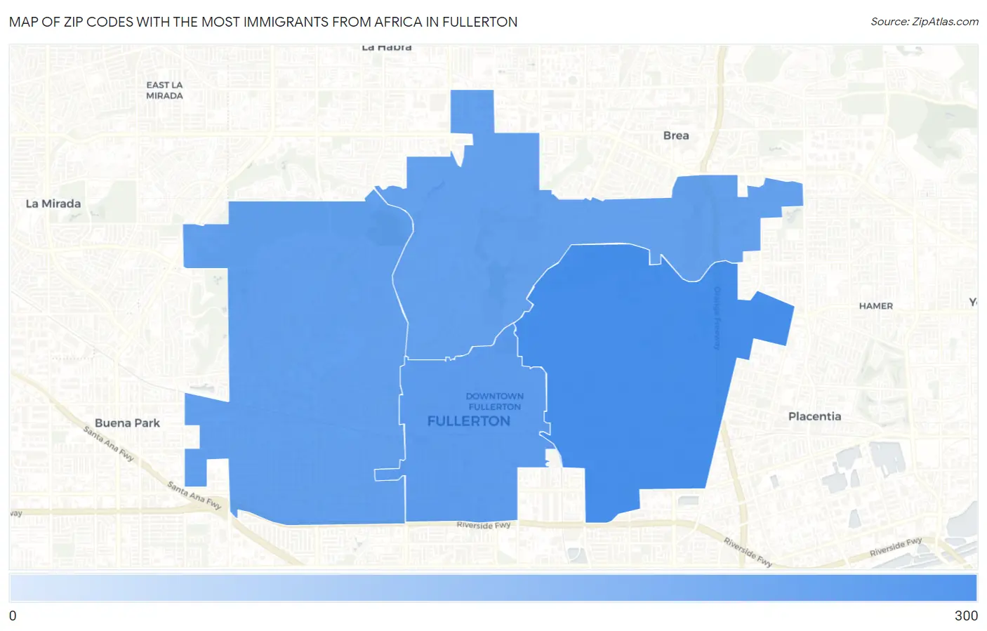 Zip Codes with the Most Immigrants from Africa in Fullerton Map