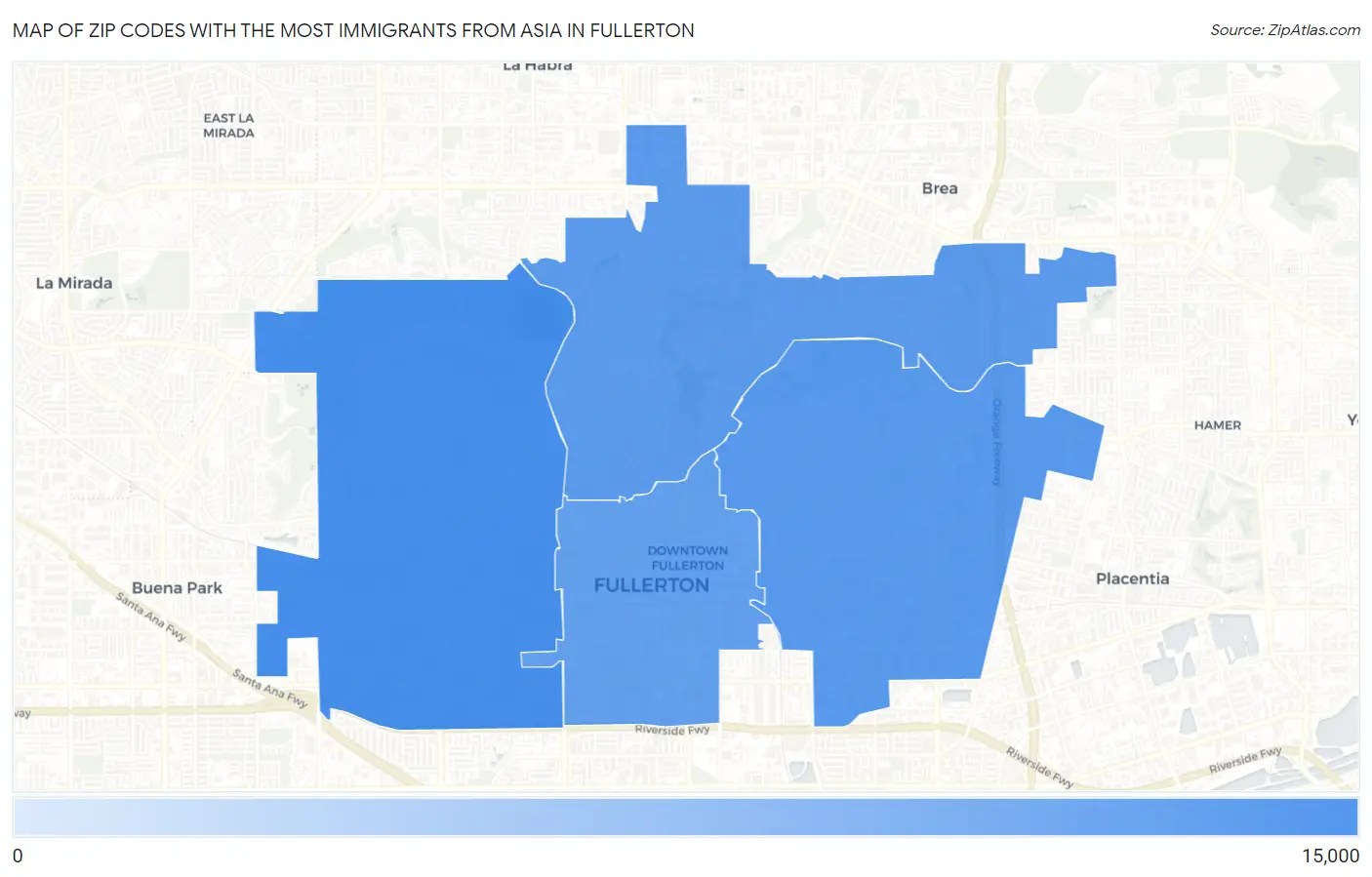 Zip Codes with the Most Immigrants from Asia in Fullerton Map