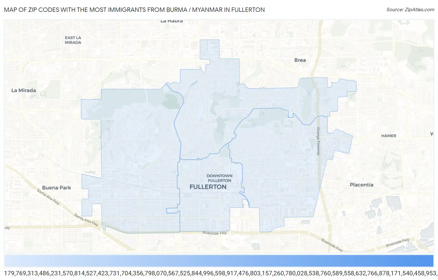 Zip Codes with the Most Immigrants from Burma / Myanmar in Fullerton Map