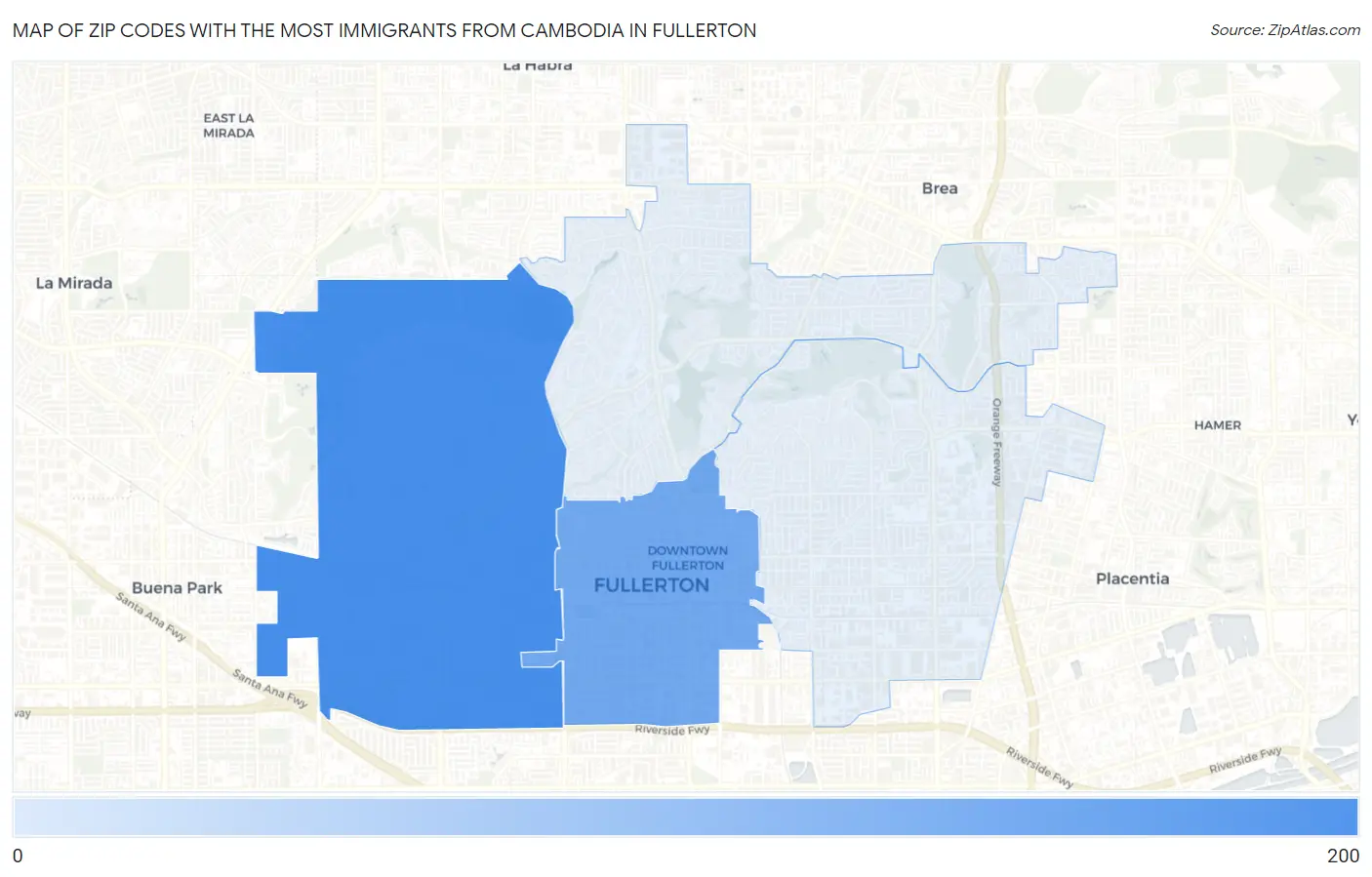 Zip Codes with the Most Immigrants from Cambodia in Fullerton Map