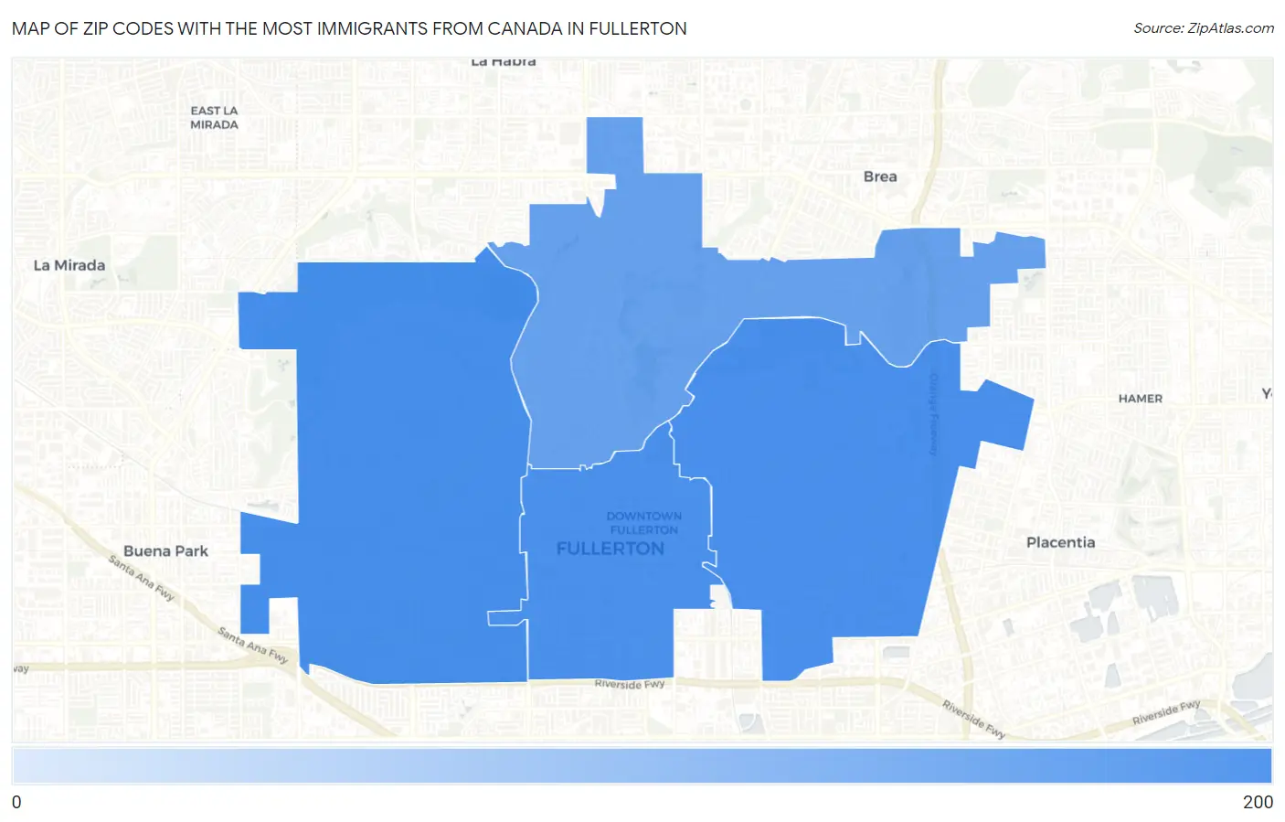 Zip Codes with the Most Immigrants from Canada in Fullerton Map