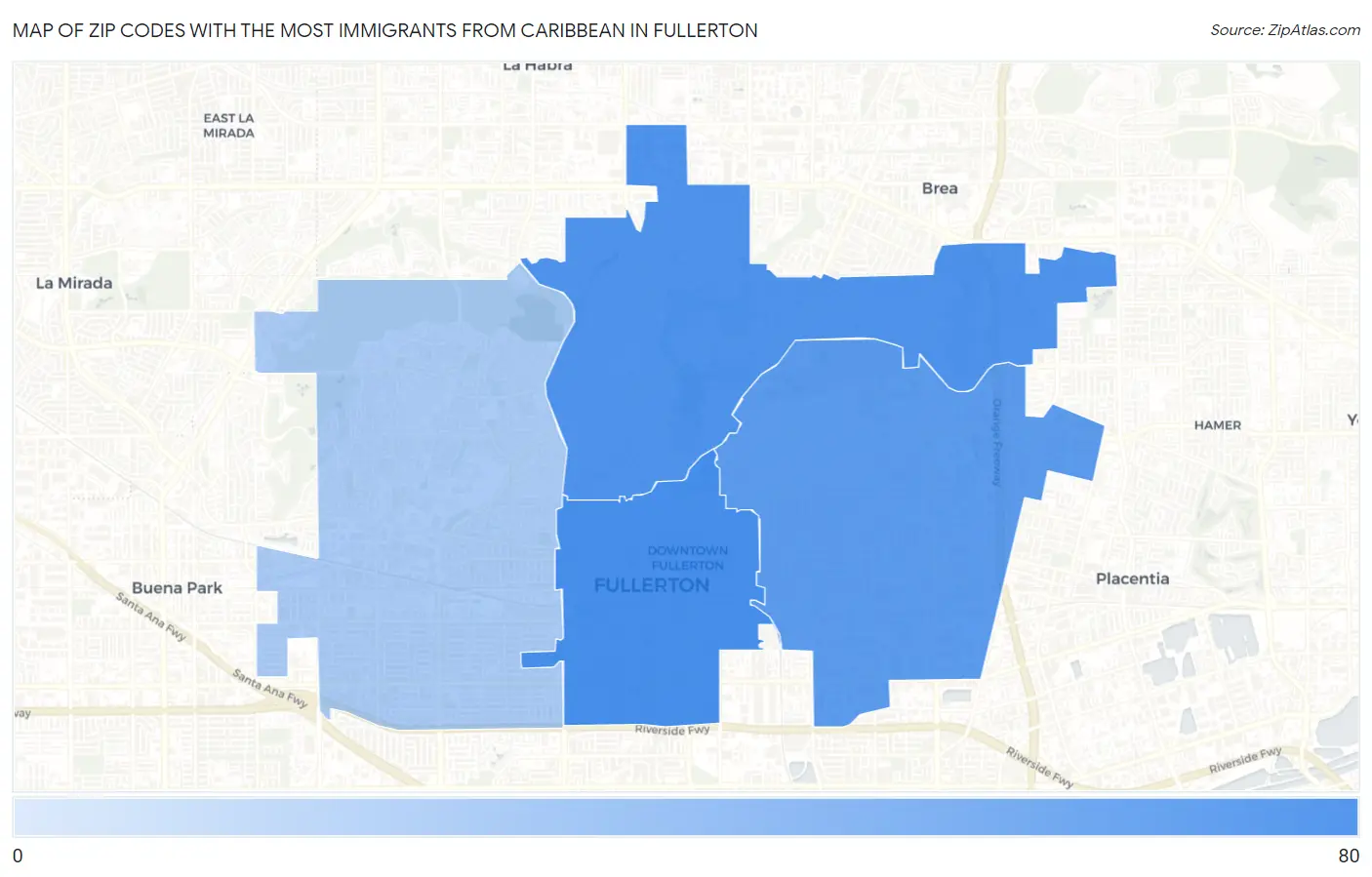 Zip Codes with the Most Immigrants from Caribbean in Fullerton Map