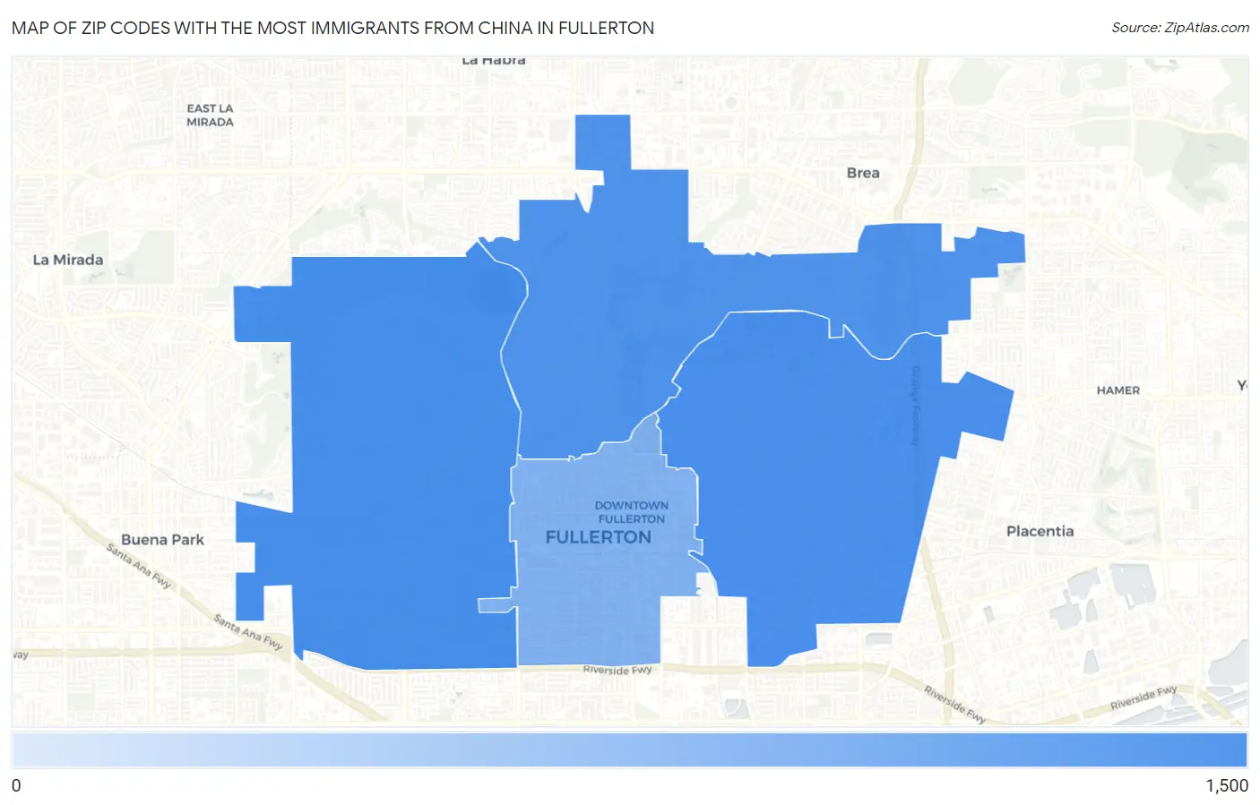 Zip Codes with the Most Immigrants from China in Fullerton Map