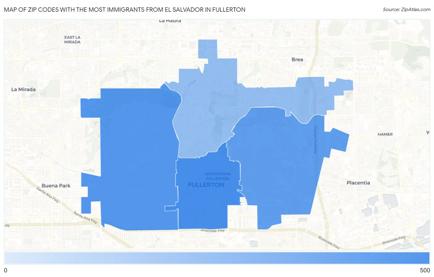 Zip Codes with the Most Immigrants from El Salvador in Fullerton Map