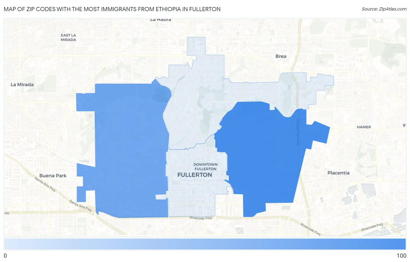 Zip Codes with the Most Immigrants from Ethiopia in Fullerton Map