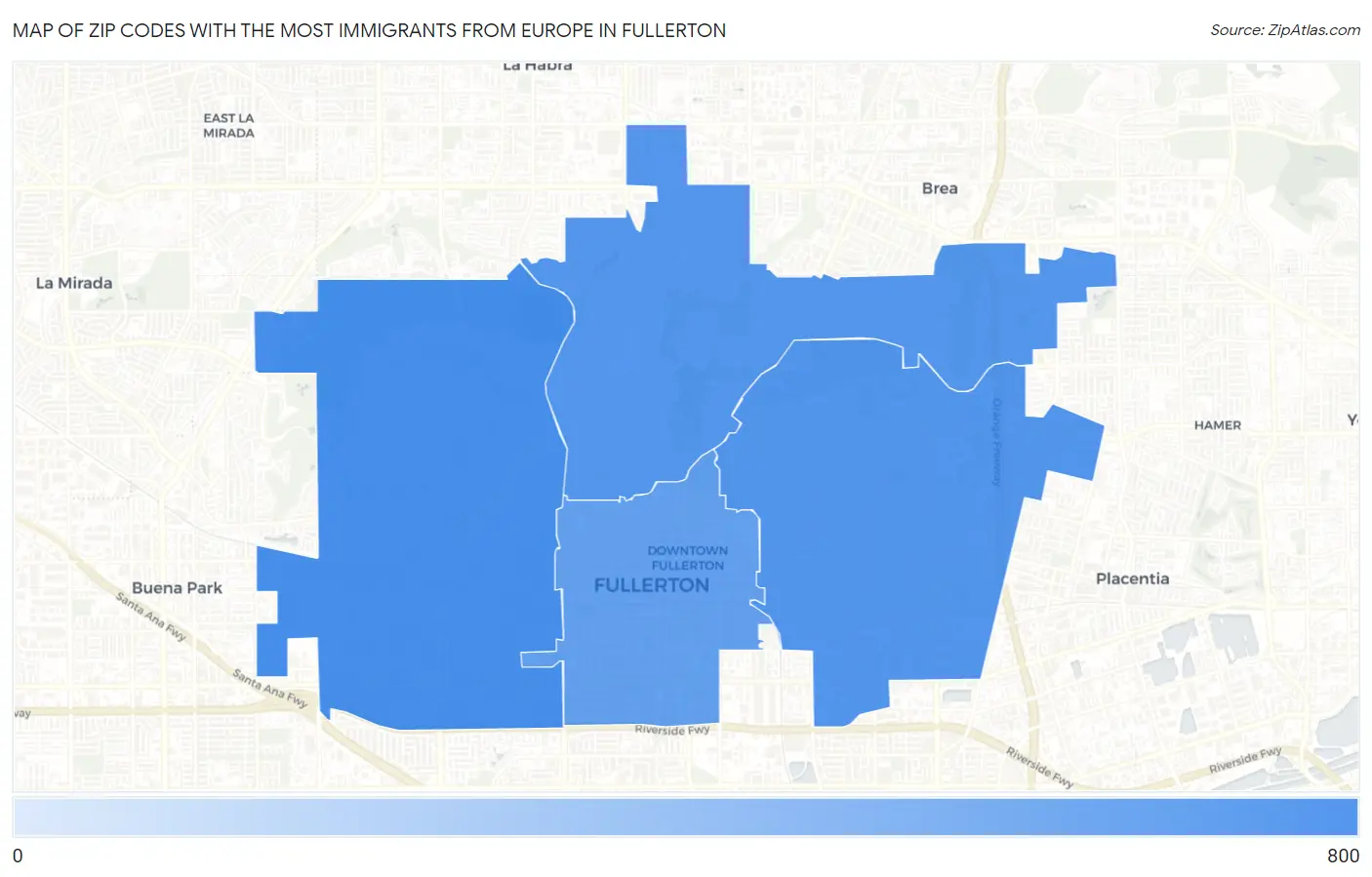 Zip Codes with the Most Immigrants from Europe in Fullerton Map