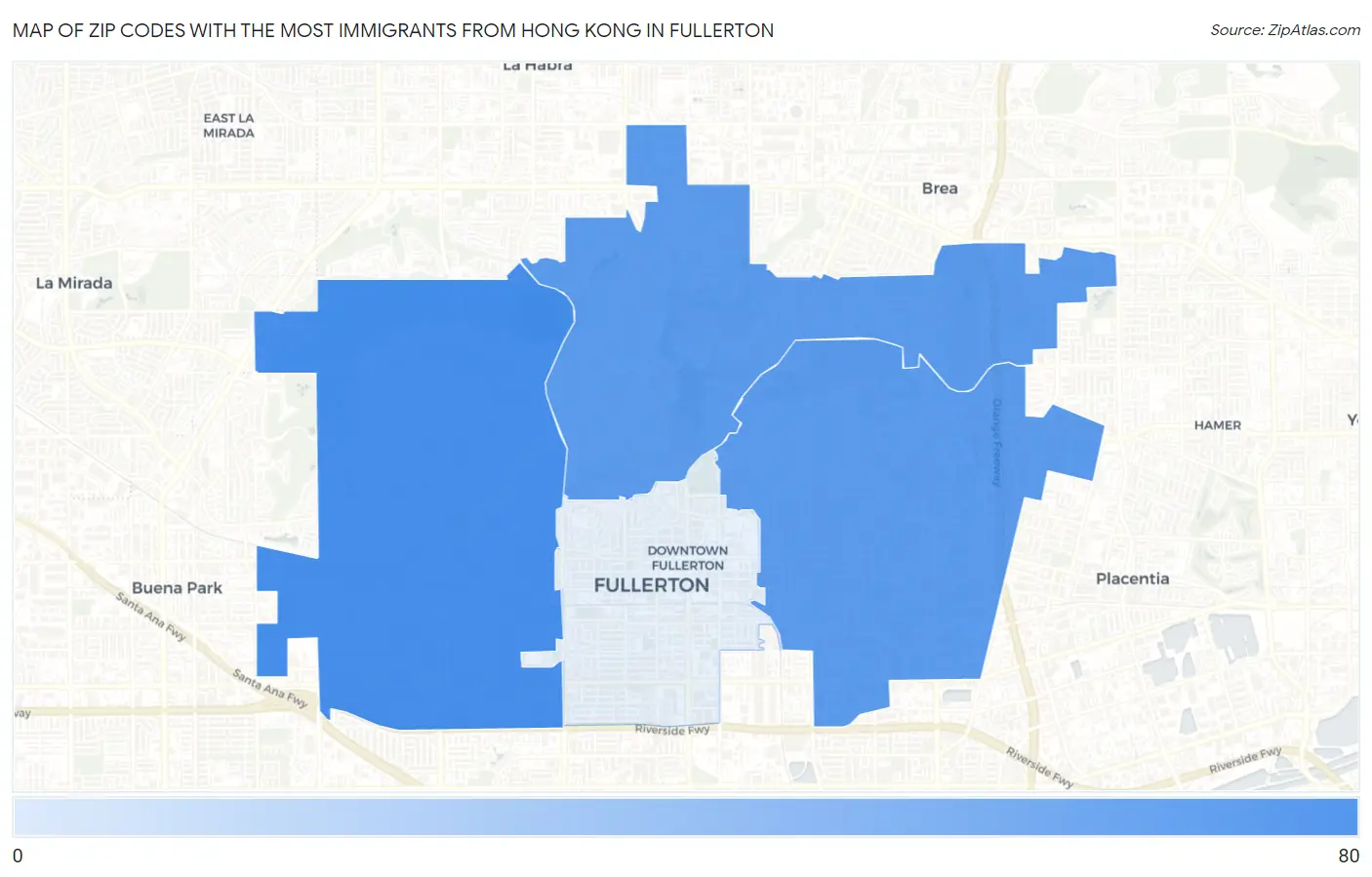 Zip Codes with the Most Immigrants from Hong Kong in Fullerton Map