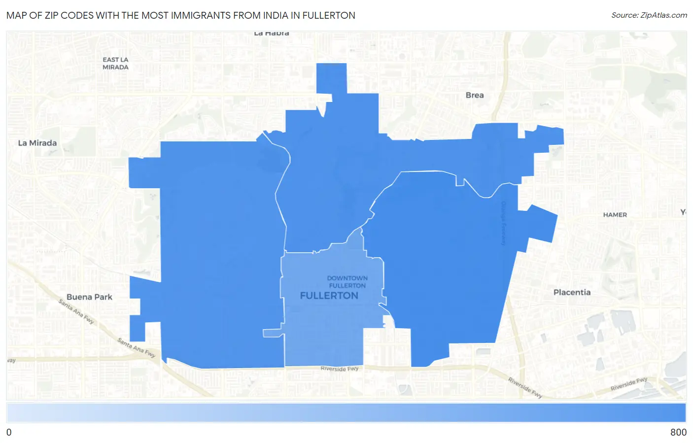 Zip Codes with the Most Immigrants from India in Fullerton Map