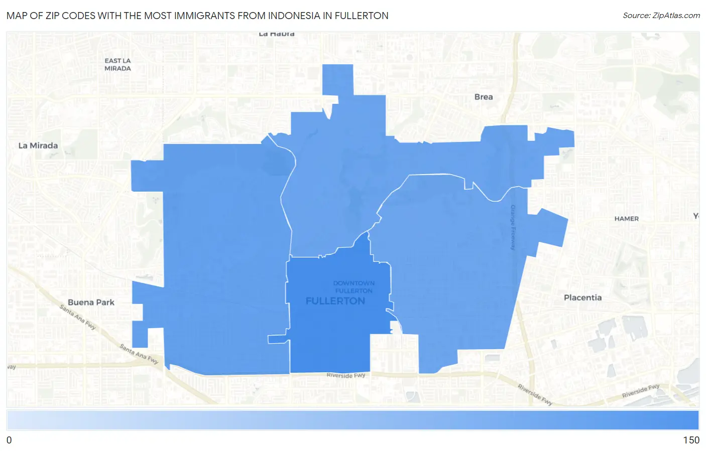 Zip Codes with the Most Immigrants from Indonesia in Fullerton Map