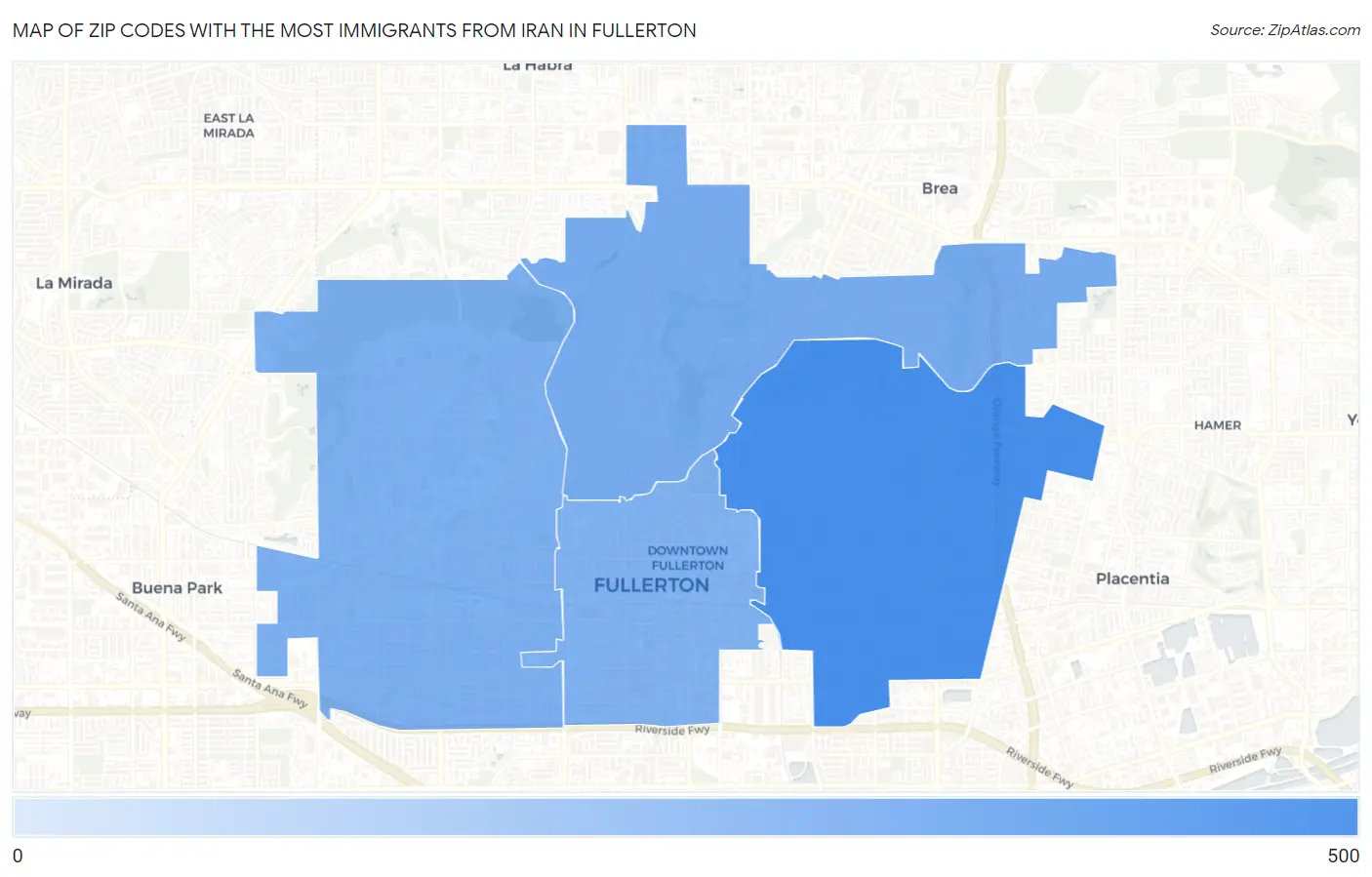 Zip Codes with the Most Immigrants from Iran in Fullerton Map