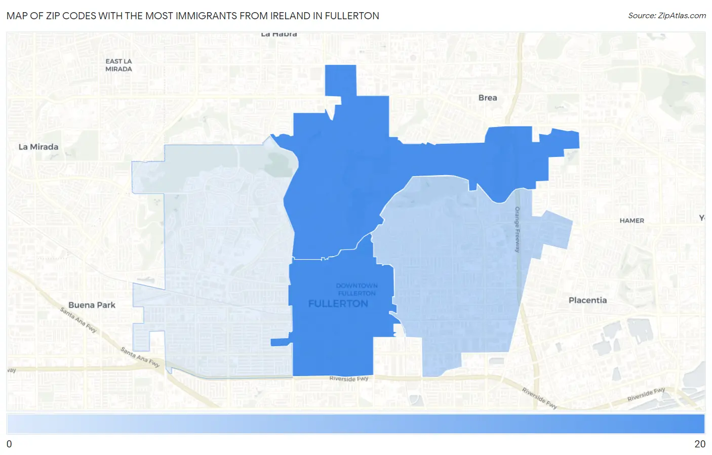 Zip Codes with the Most Immigrants from Ireland in Fullerton Map