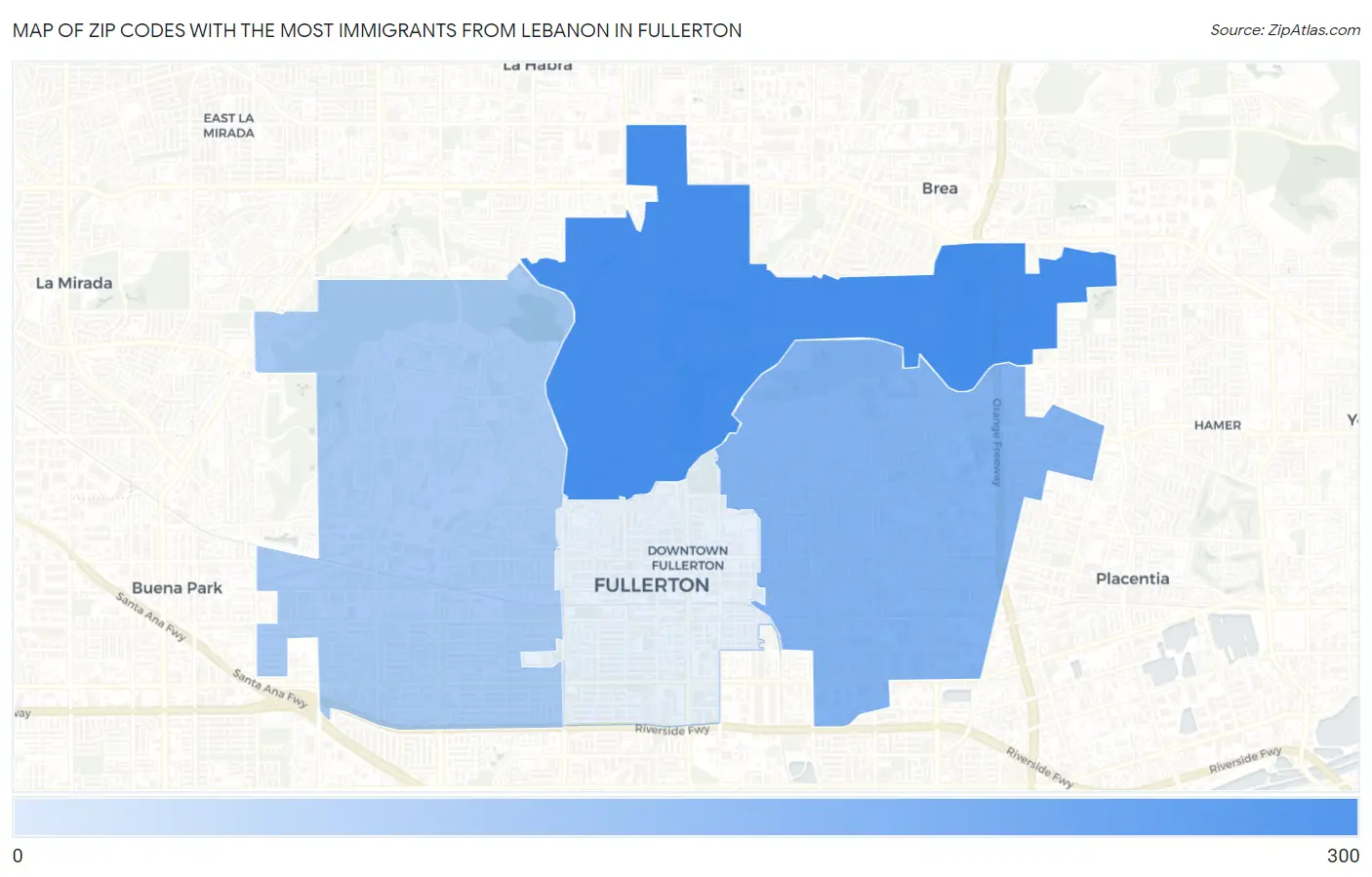 Zip Codes with the Most Immigrants from Lebanon in Fullerton Map