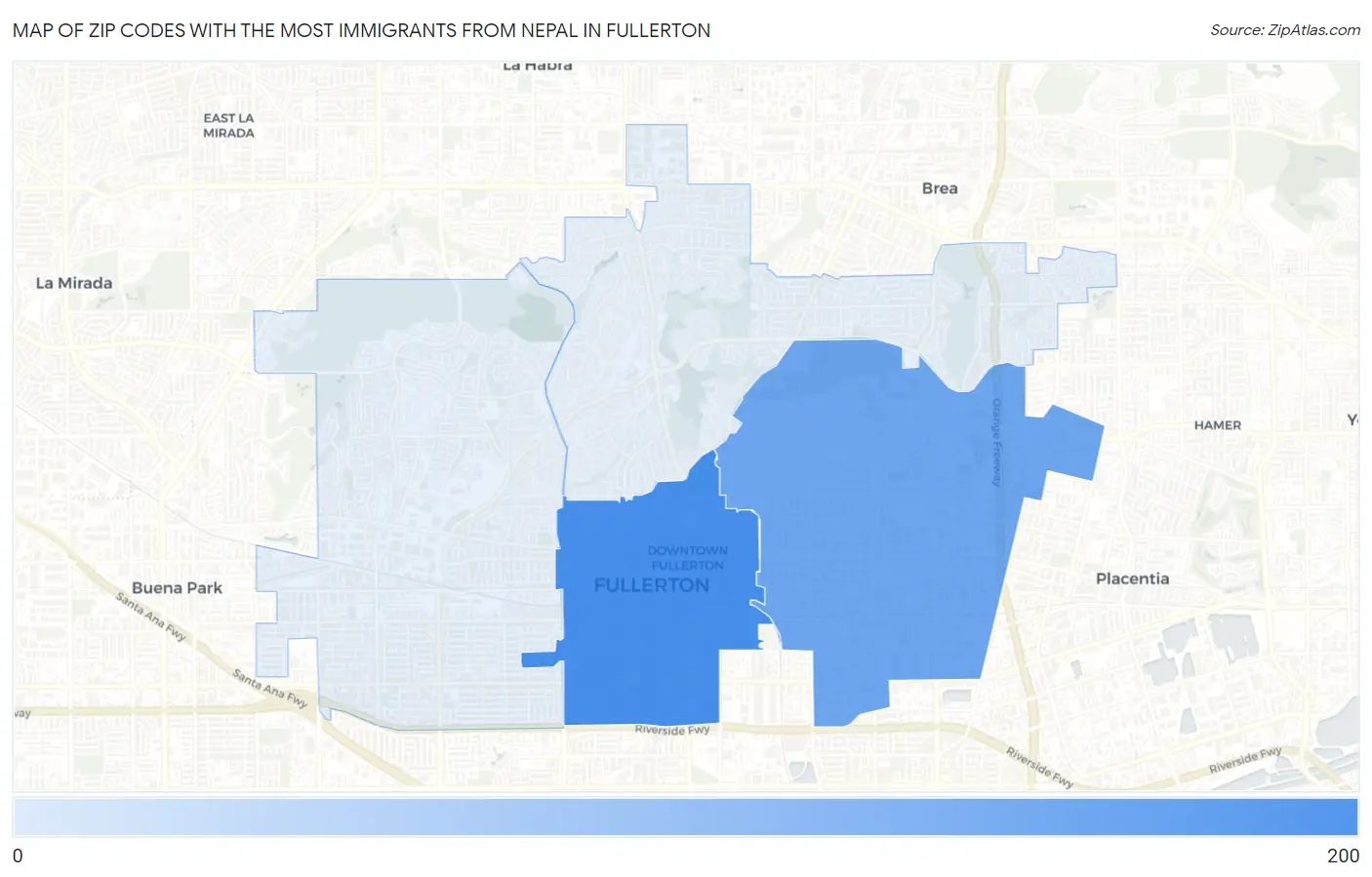 Zip Codes with the Most Immigrants from Nepal in Fullerton Map