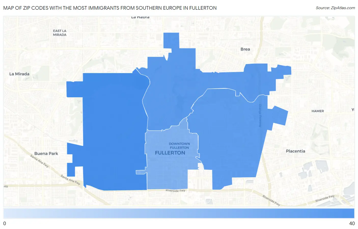 Zip Codes with the Most Immigrants from Southern Europe in Fullerton Map
