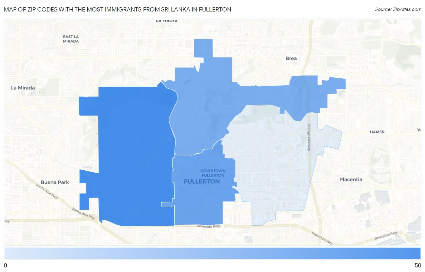 Zip Codes with the Most Immigrants from Sri Lanka in Fullerton Map