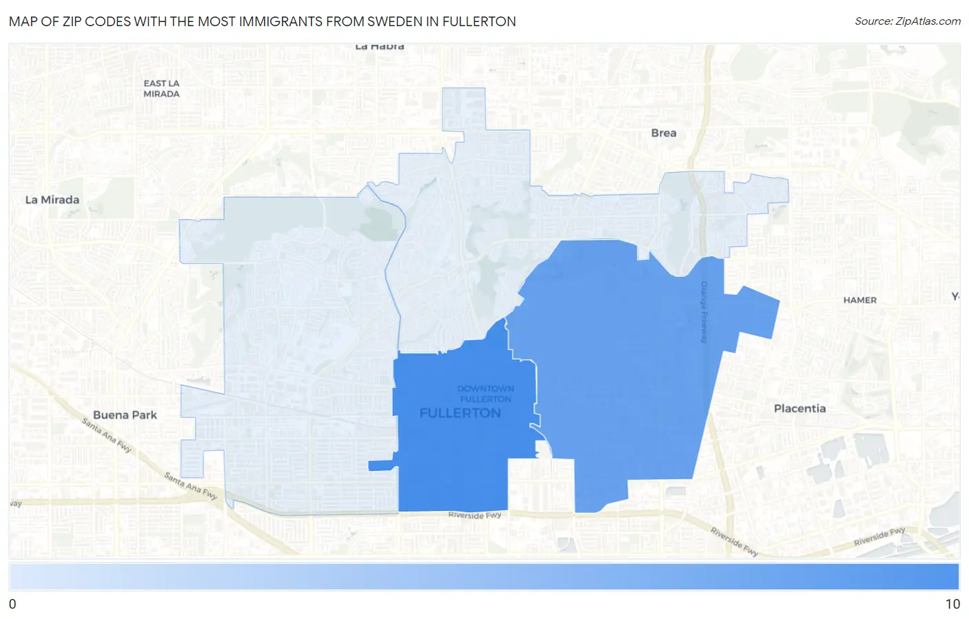 Zip Codes with the Most Immigrants from Sweden in Fullerton Map