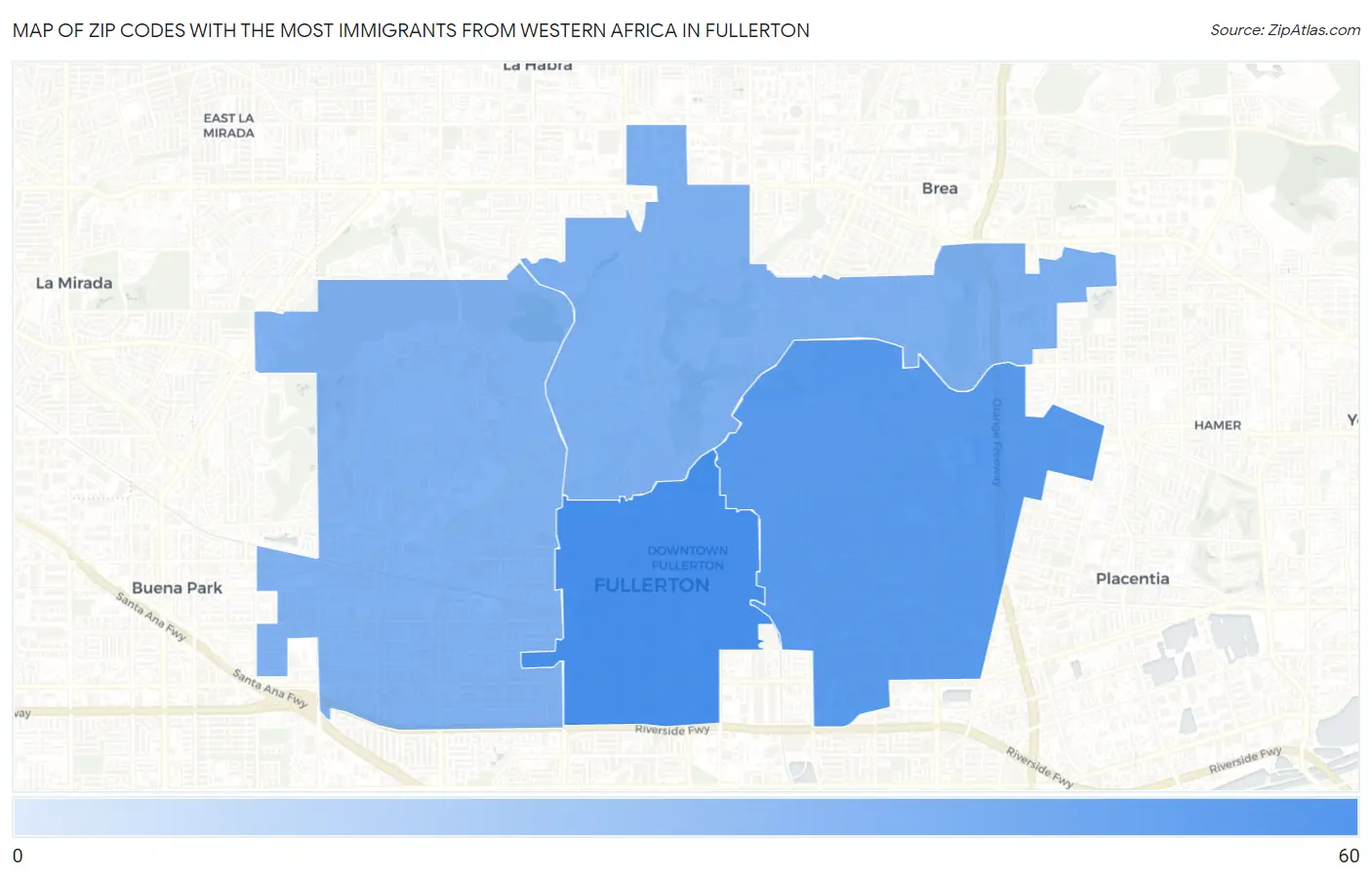 Zip Codes with the Most Immigrants from Western Africa in Fullerton Map