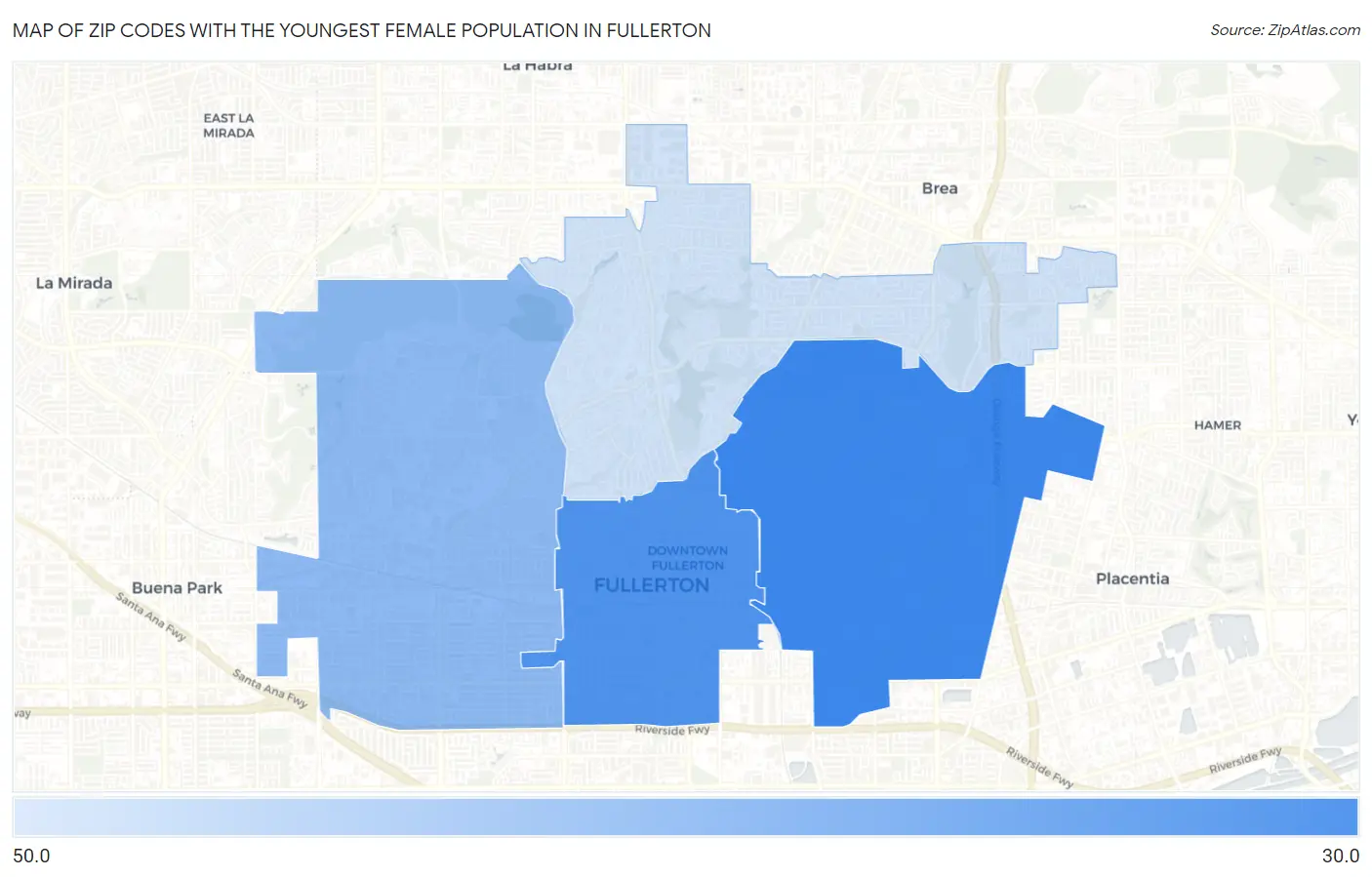 Zip Codes with the Youngest Female Population in Fullerton Map