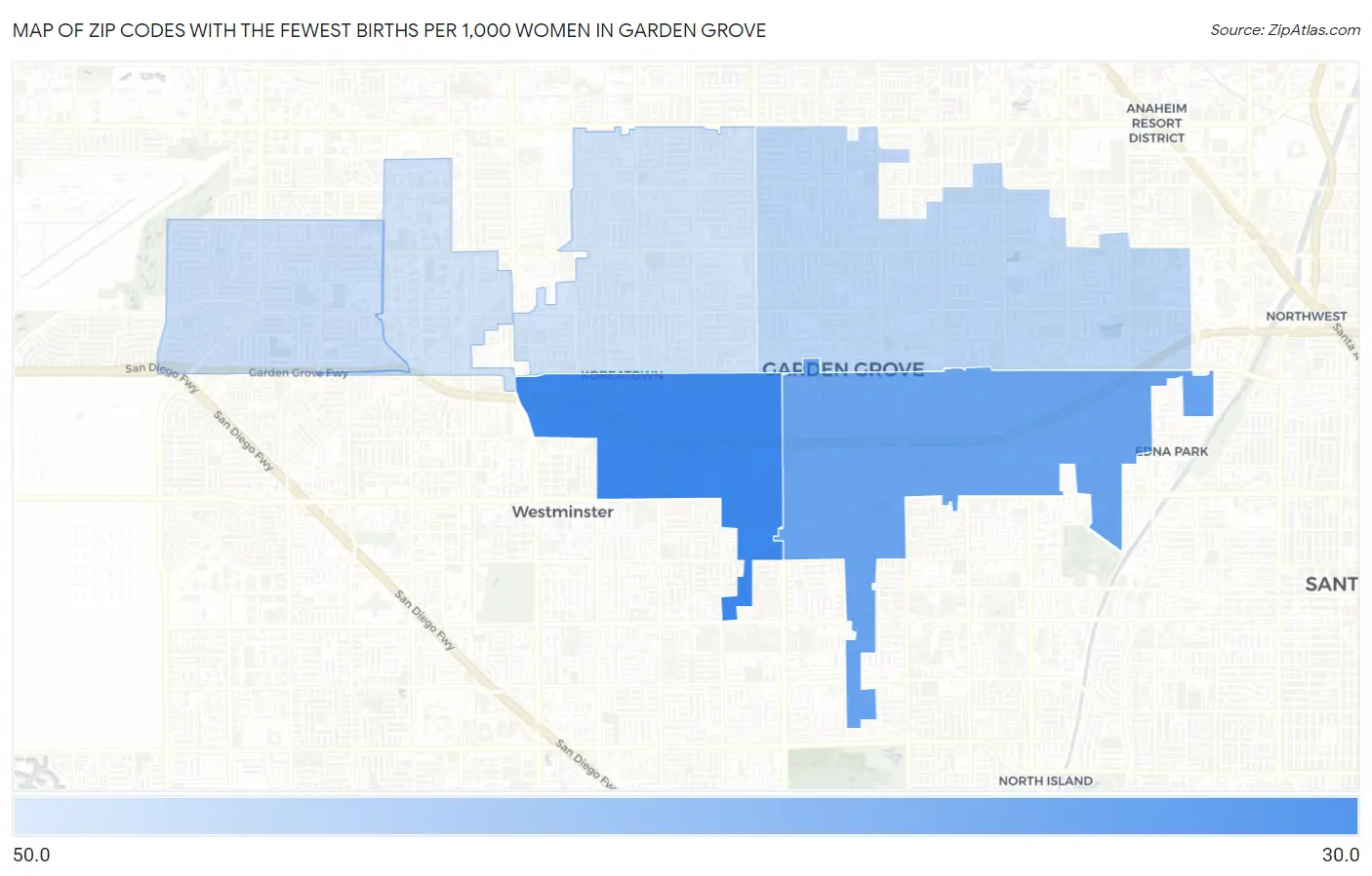 Zip Codes with the Fewest Births per 1,000 Women in Garden Grove Map