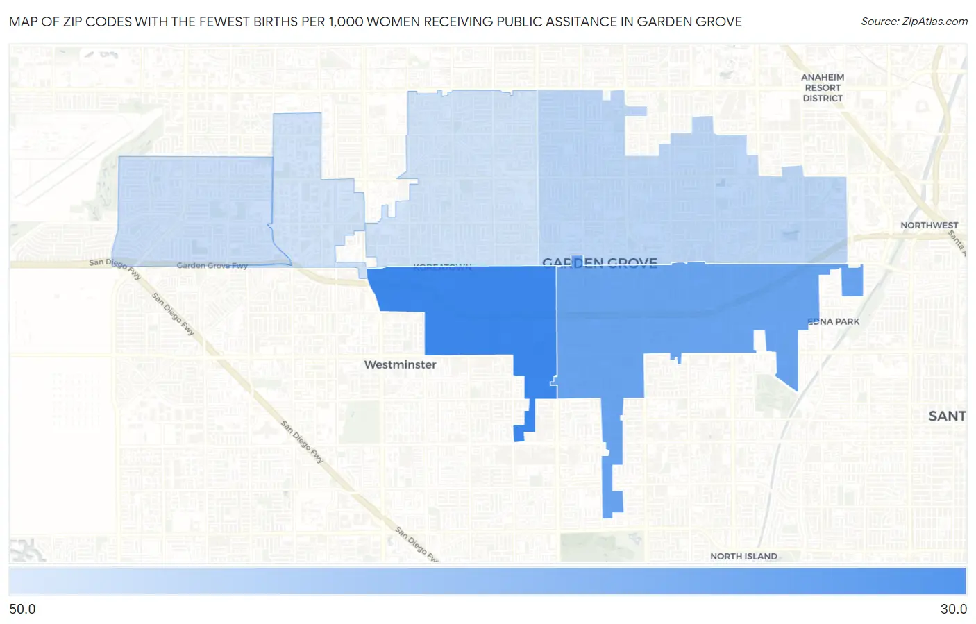 Zip Codes with the Fewest Births per 1,000 Women Receiving Public Assitance in Garden Grove Map