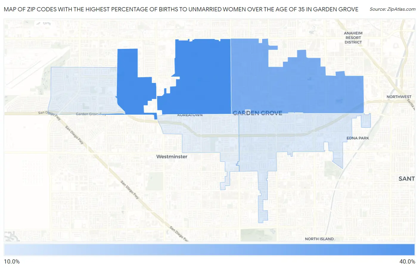 Zip Codes with the Highest Percentage of Births to Unmarried Women over the Age of 35 in Garden Grove Map