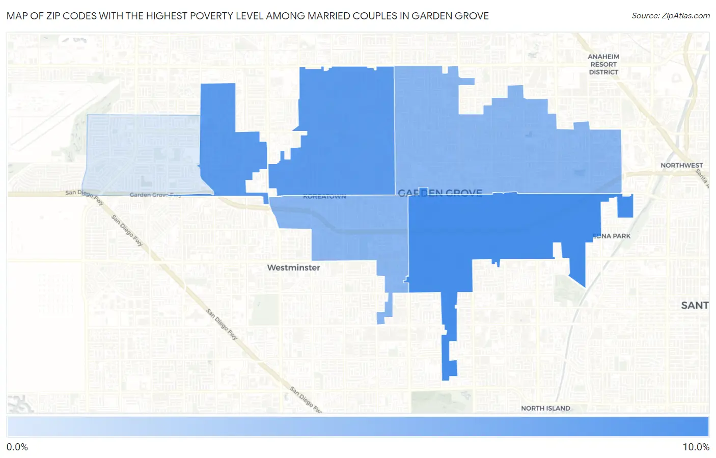 Zip Codes with the Highest Poverty Level Among Married Couples in Garden Grove Map