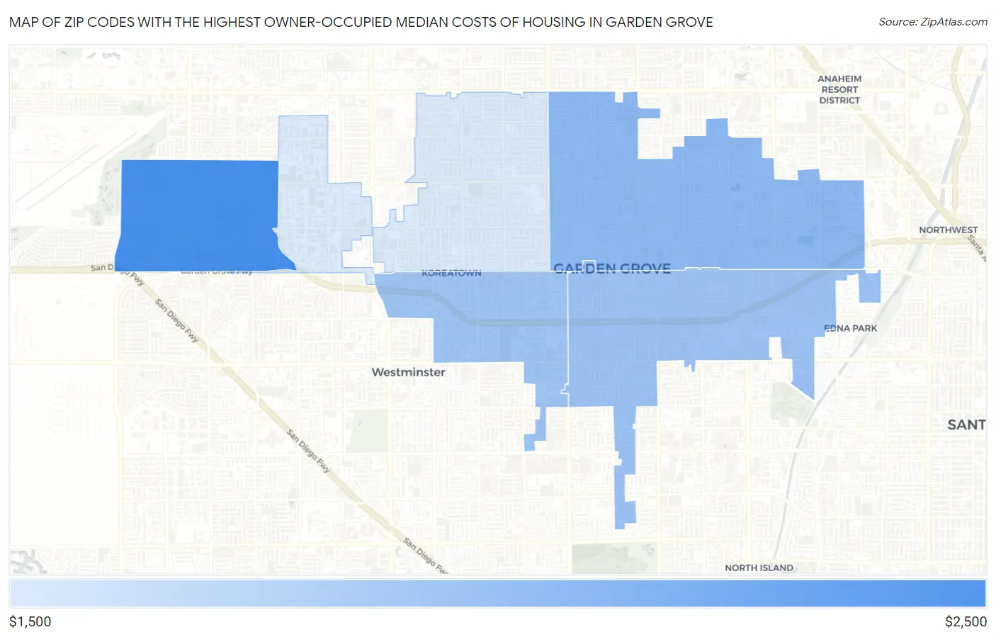 Zip Codes with the Highest Owner-Occupied Median Costs of Housing in Garden Grove Map