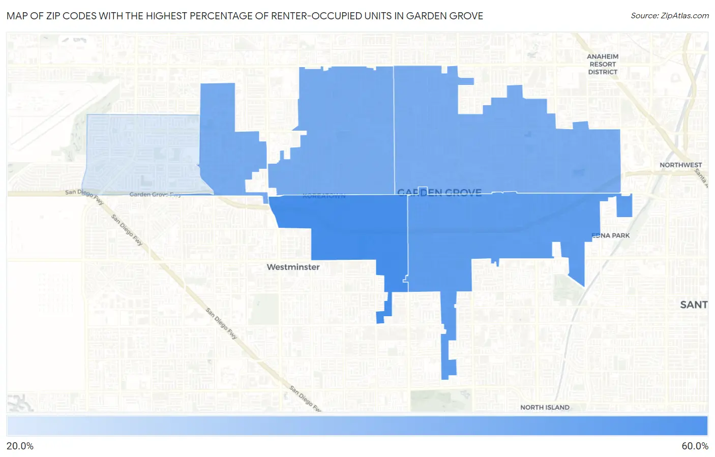 Zip Codes with the Highest Percentage of Renter-Occupied Units in Garden Grove Map