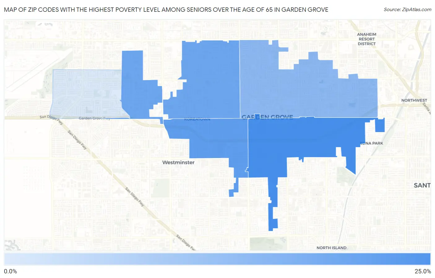 Zip Codes with the Highest Poverty Level Among Seniors Over the Age of 65 in Garden Grove Map