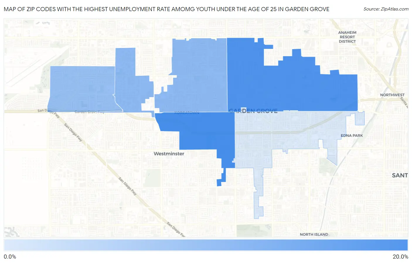 Zip Codes with the Highest Unemployment Rate Amomg Youth Under the Age of 25 in Garden Grove Map