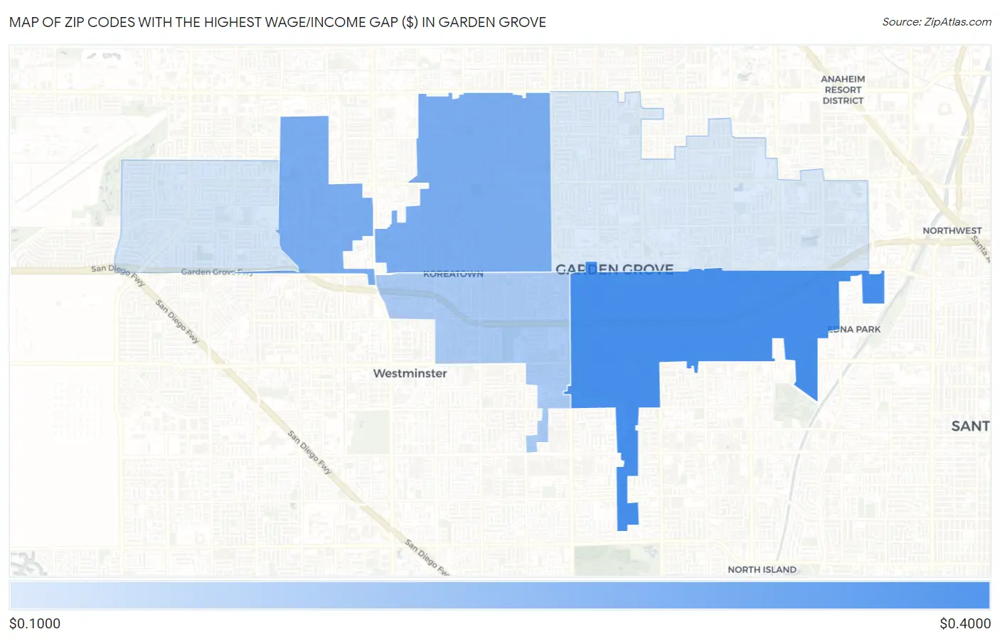 Zip Codes with the Highest Wage/Income Gap ($) in Garden Grove Map