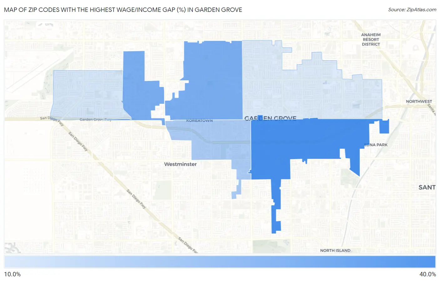 Zip Codes with the Highest Wage/Income Gap (%) in Garden Grove Map