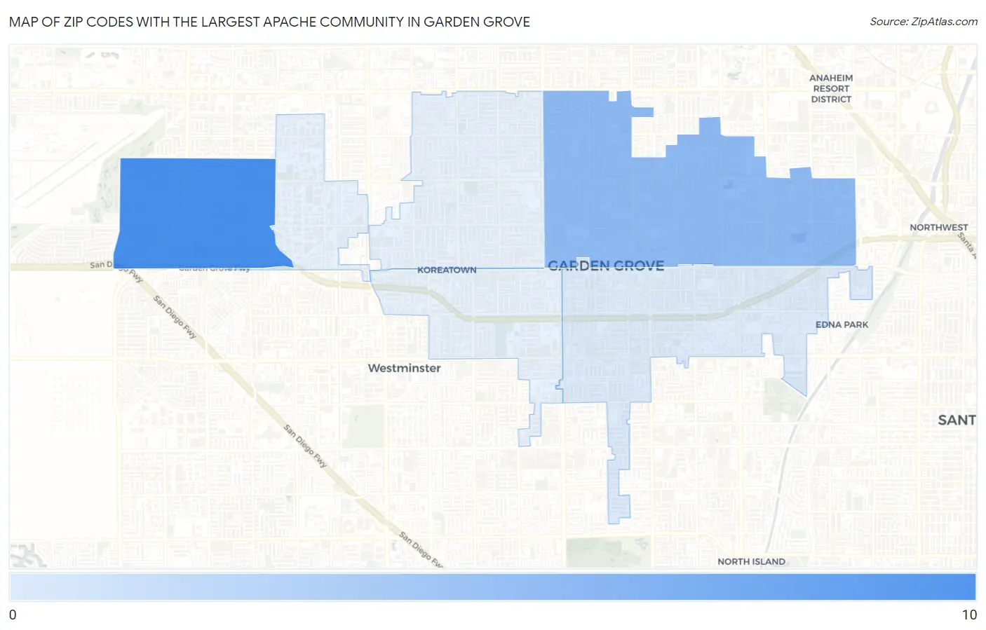 Zip Codes with the Largest Apache Community in Garden Grove Map