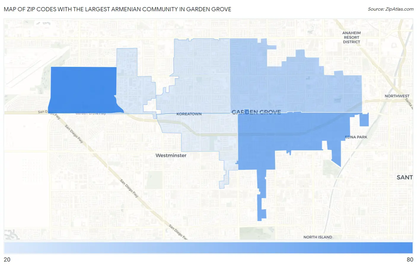 Zip Codes with the Largest Armenian Community in Garden Grove Map