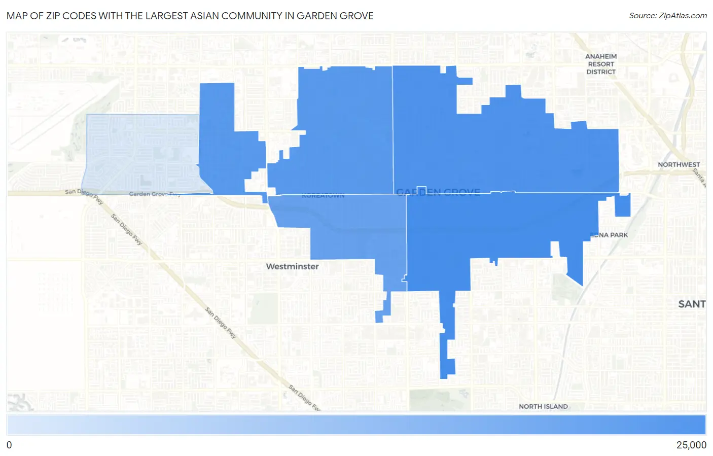 Zip Codes with the Largest Asian Community in Garden Grove Map