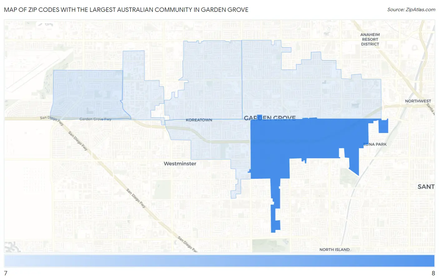 Zip Codes with the Largest Australian Community in Garden Grove Map
