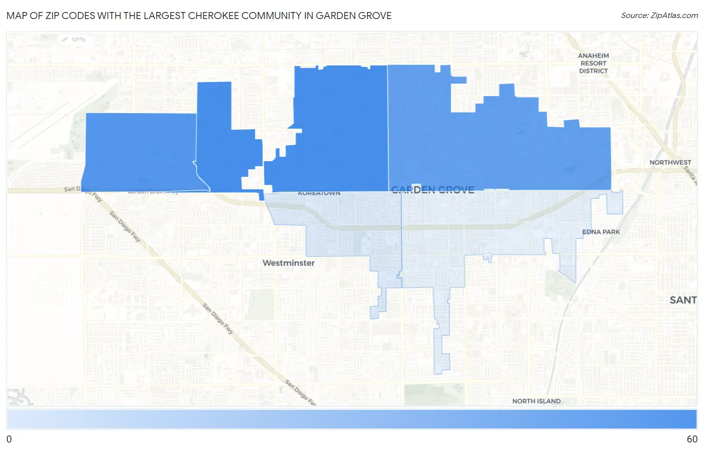 Zip Codes with the Largest Cherokee Community in Garden Grove Map