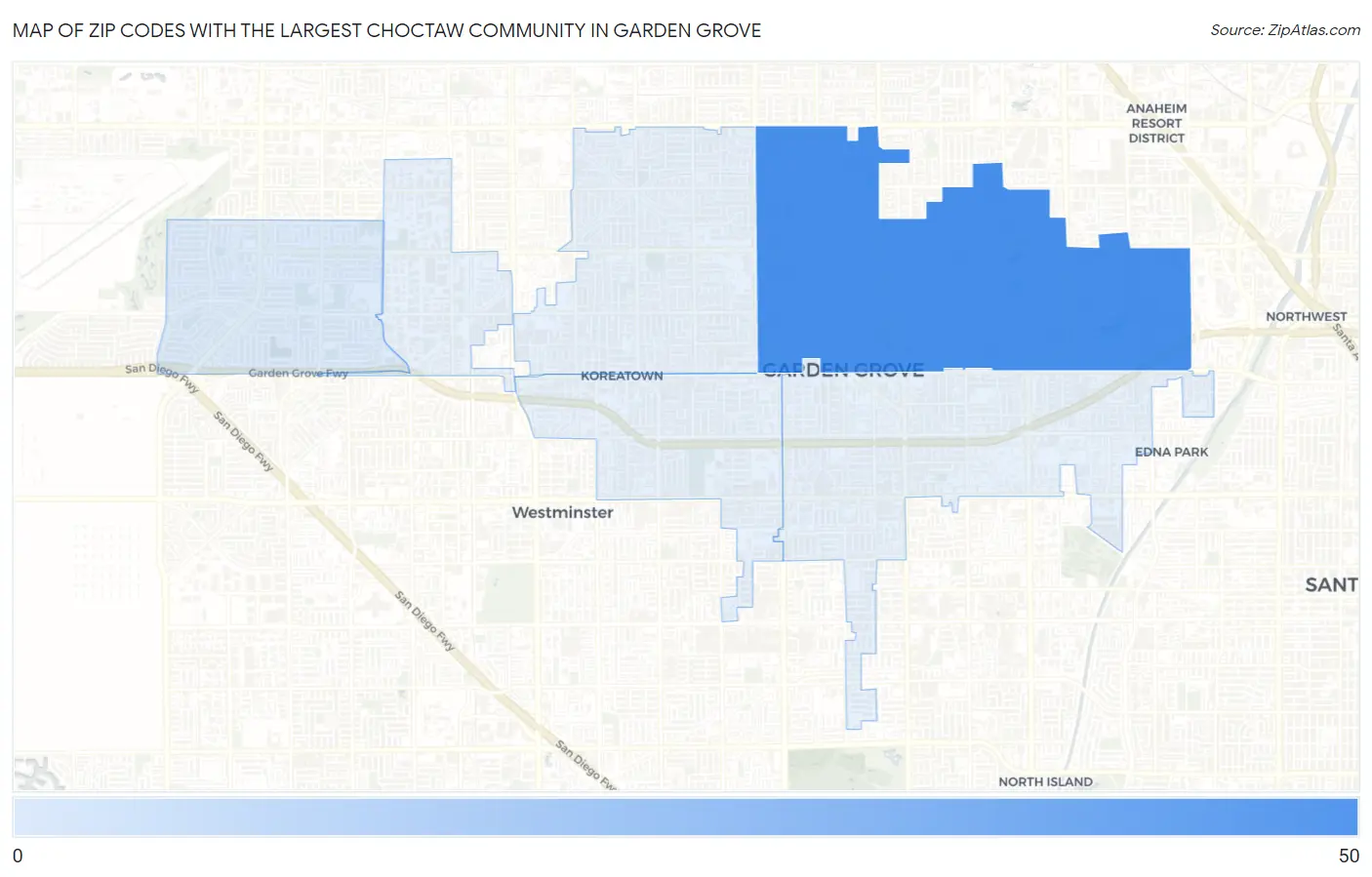 Zip Codes with the Largest Choctaw Community in Garden Grove Map