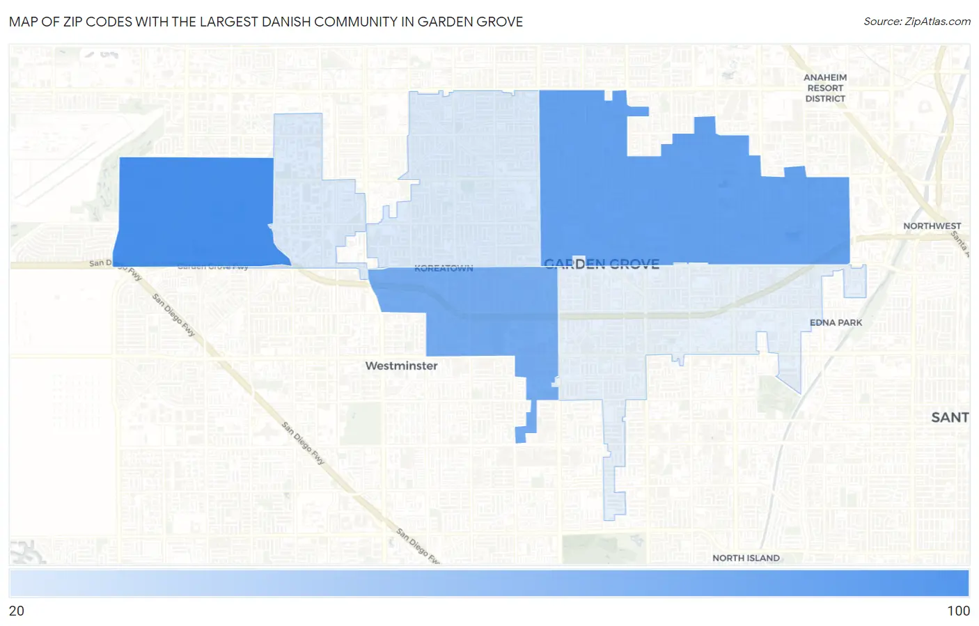 Zip Codes with the Largest Danish Community in Garden Grove Map